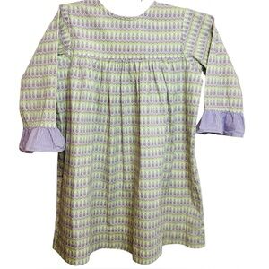 4T Girl’s Long Sleeve Dress Geometric Purple Yellow Print  gingham Ruffle Cuff